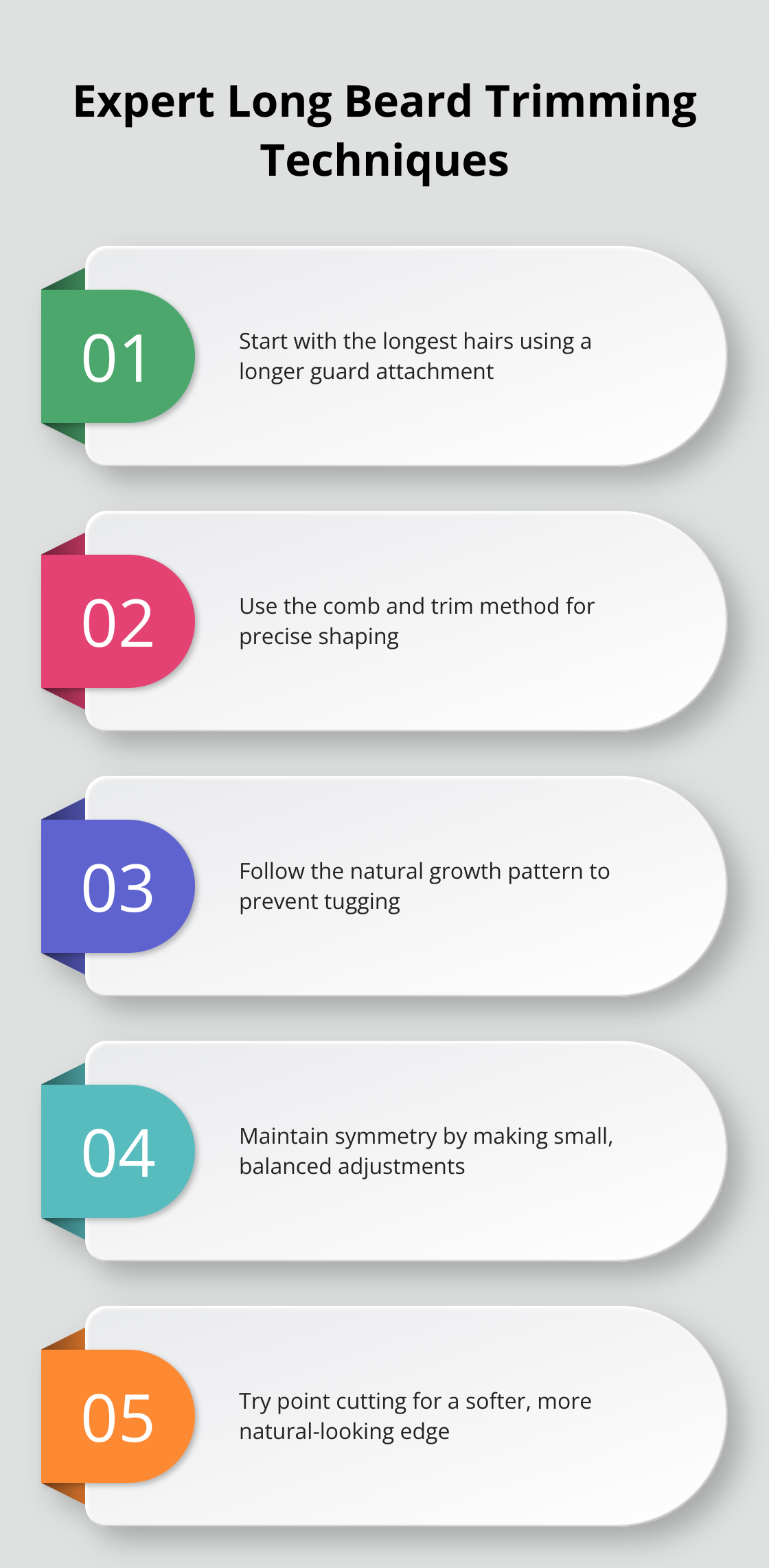 Infographic illustrating 5 expert techniques for trimming a long beard: start with longest hairs, use comb and trim method, follow natural growth pattern, maintain symmetry, and try point cutting. - best way to trim long beard