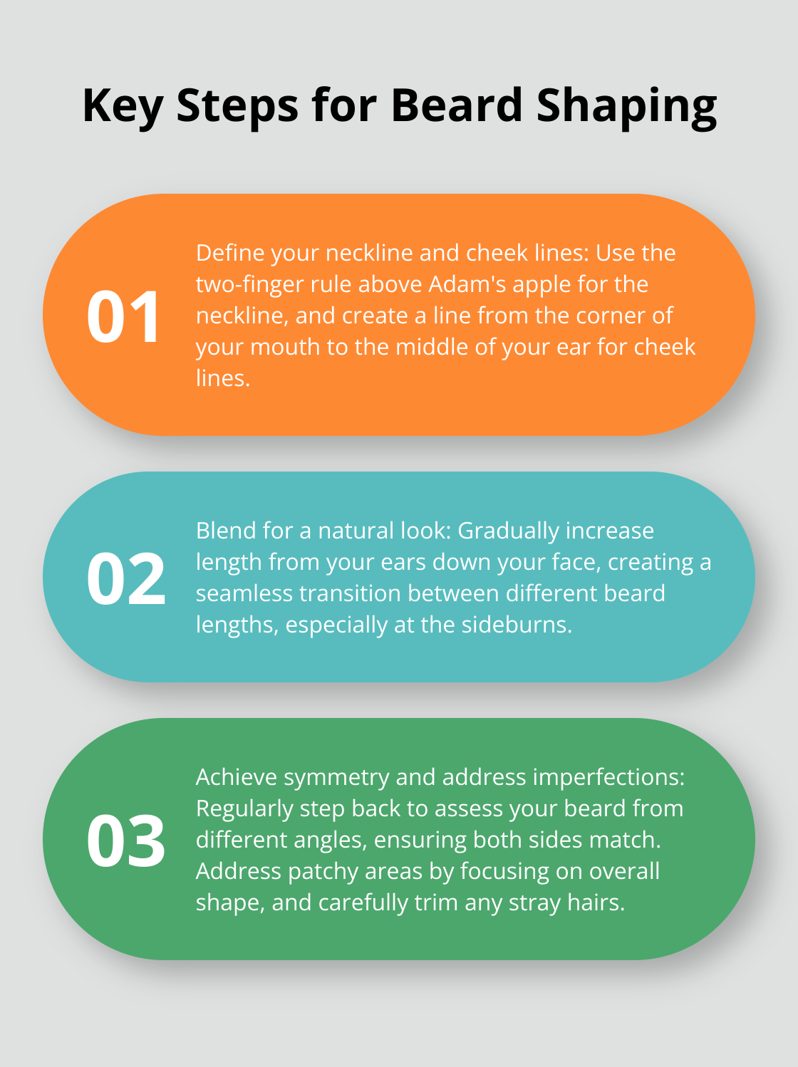 Three key steps for perfecting beard shape: Define lines, blend lengths, and maintain symmetry.