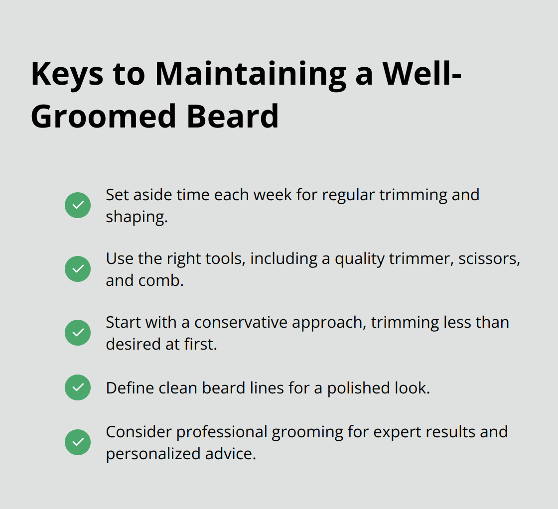 A checkmark list of key points for maintaining a well-groomed beard: regular trimming, proper tools, conservative approach, defining beard lines, and professional grooming. - how to trim a scraggly beard
