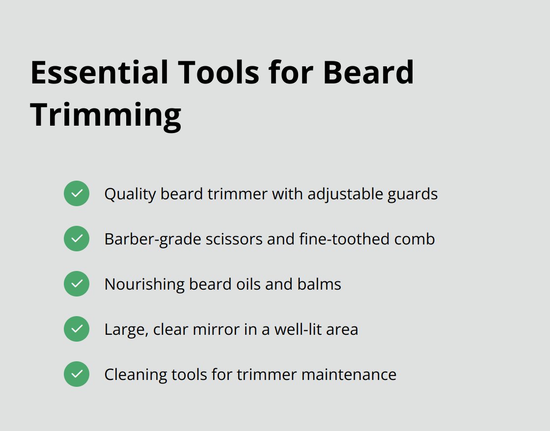 Checklist of essential tools for beard trimming: quality beard trimmer, scissors and combs, beard oils and balms, mirror and lighting, and cleaning tools. - how to trim your beard while growing it out