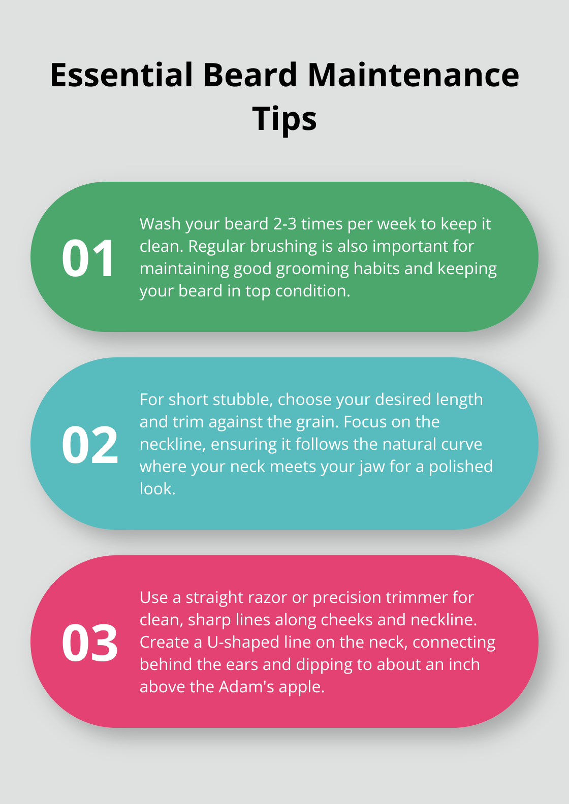 An ordered list chart showing three essential beard maintenance tips: washing frequency, stubble maintenance, and line-up techniques.