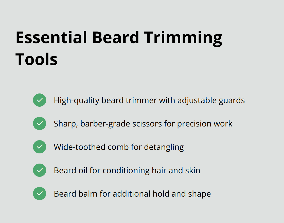 Checklist of essential beard trimming tools including trimmer, scissors, comb, beard oil, and balm - trim beard while growing